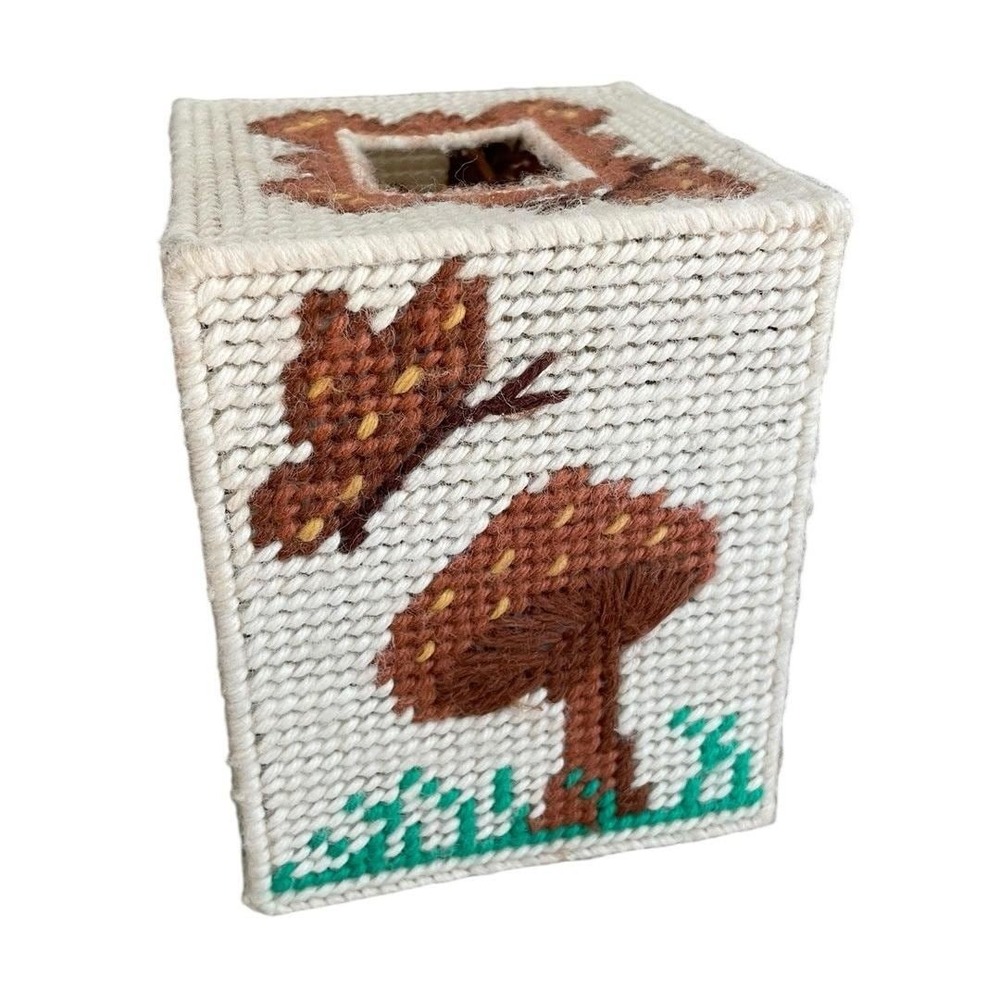 Handmade Vintage Mushroom Butterfly Needlepoint Tissue Box Cover Mid Century Mod